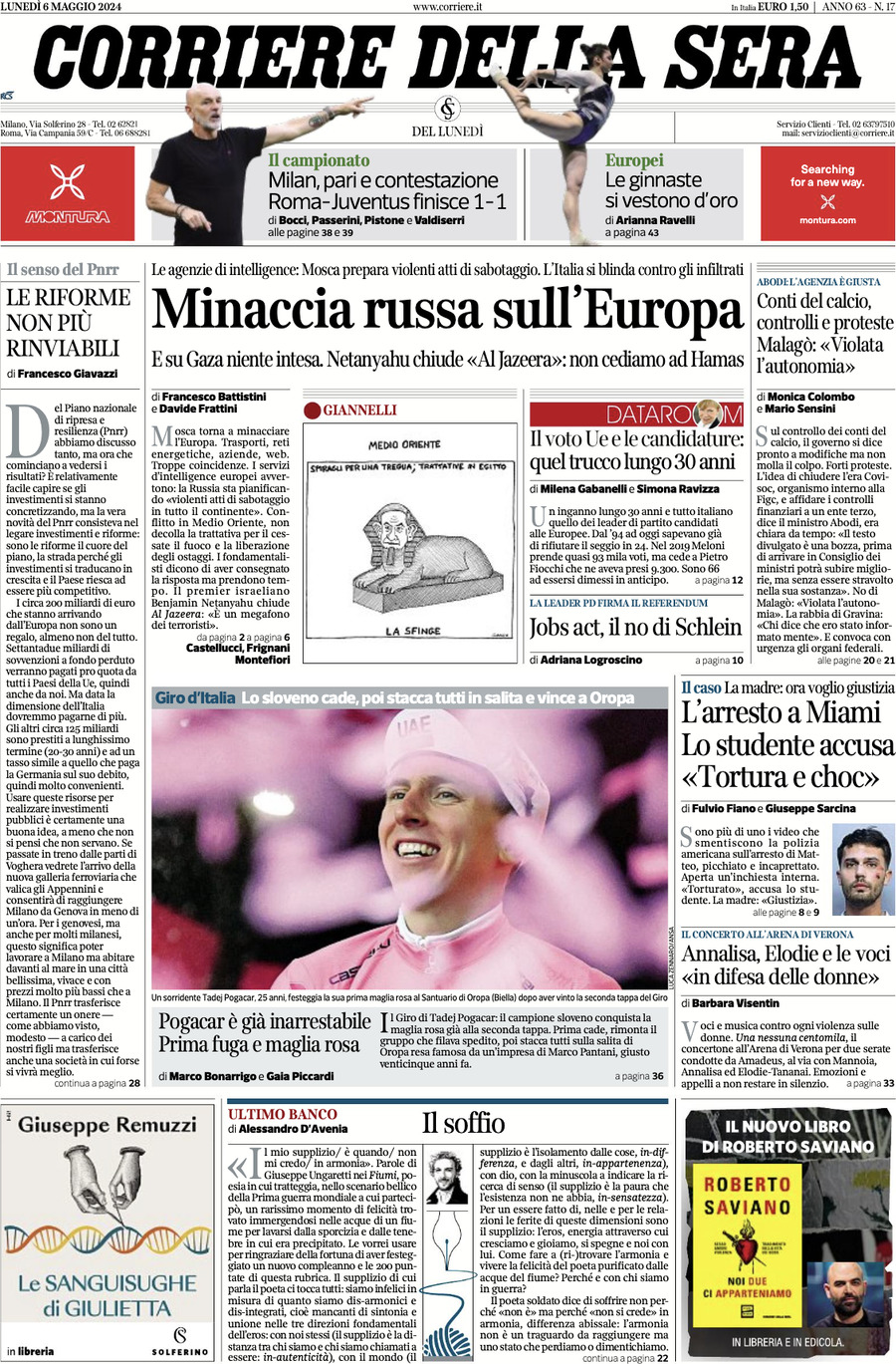 Corriere Della Sera, prima pagina