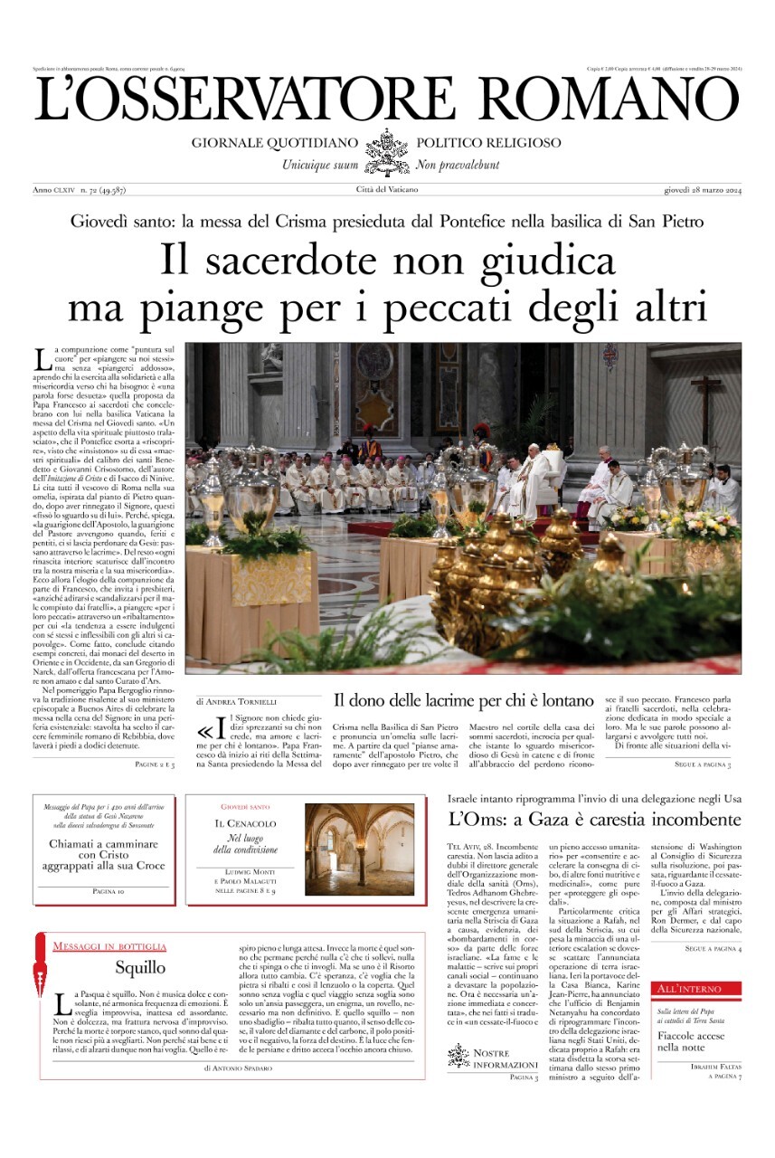 L'Osservatore Romano, prima pagina