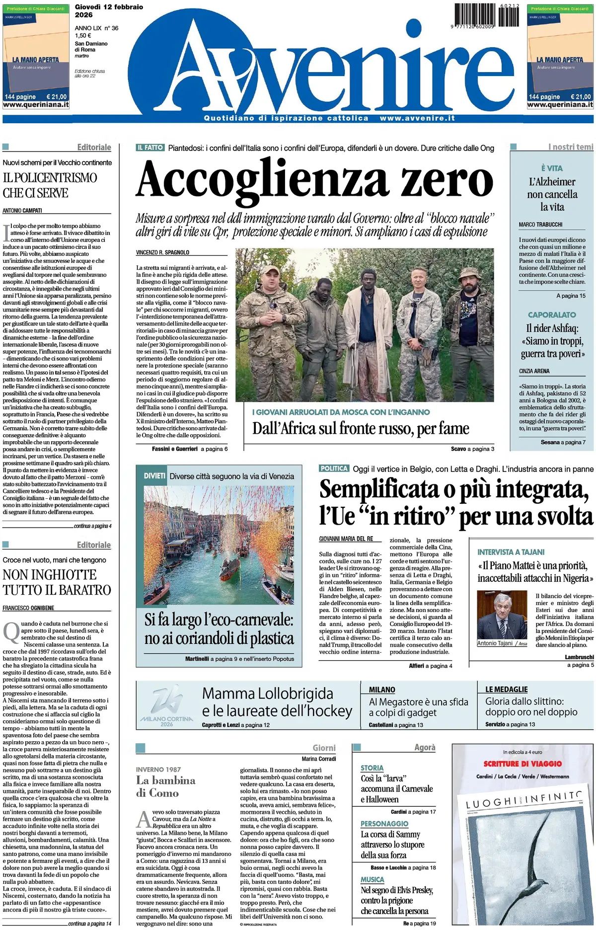 Avvenire, prima pagina