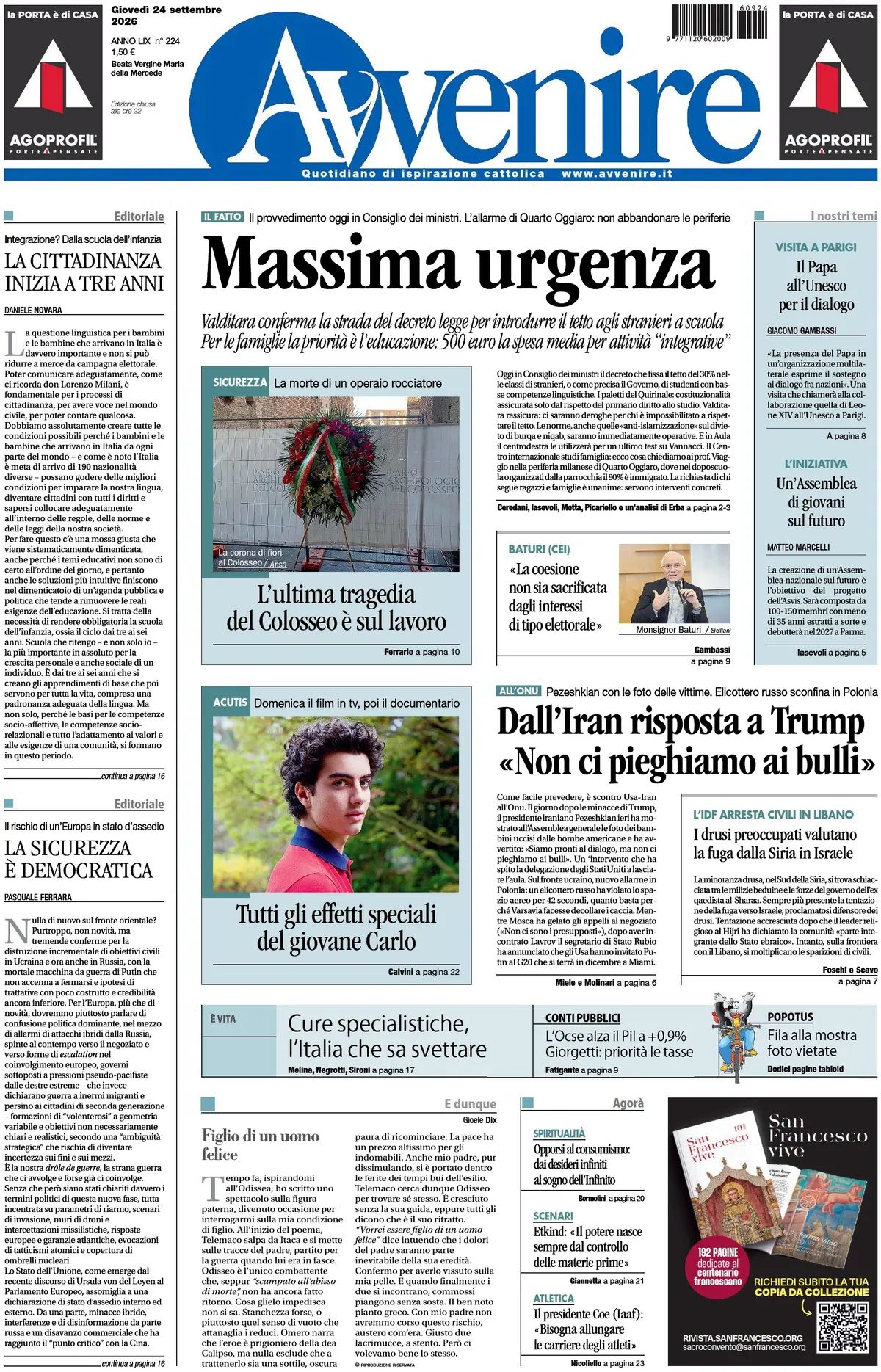 Avvenire, prima pagina