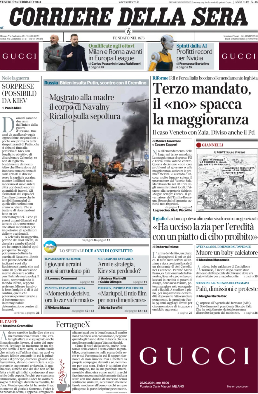 Prima pagina «Corriere Della Sera»