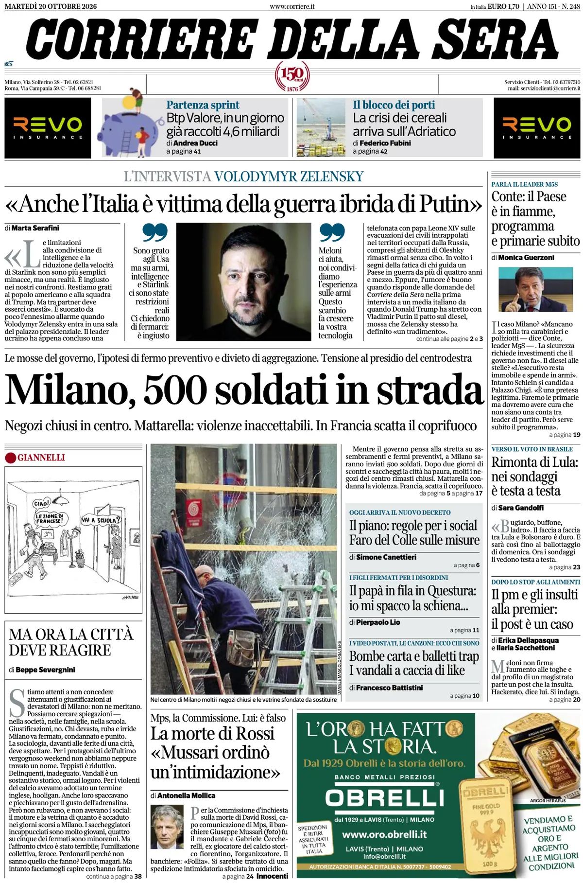 Prima pagina Corriere della Sera del 20/10/2026
