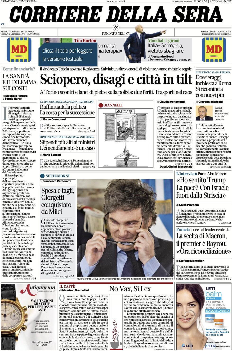 Corriere Della Sera, prima pagina