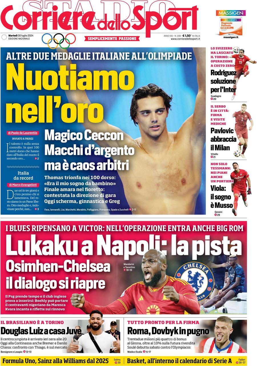 Corriere dello Sport prima pagina 
            Edizione di Oggi, Martedì 30 Luglio 2024