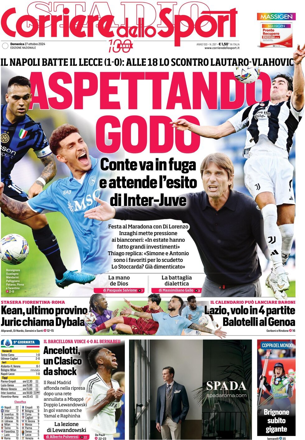 Corriere dello Sport prima pagina 
            Edizione di Oggi, Lunedì 28 Ottobre 2024