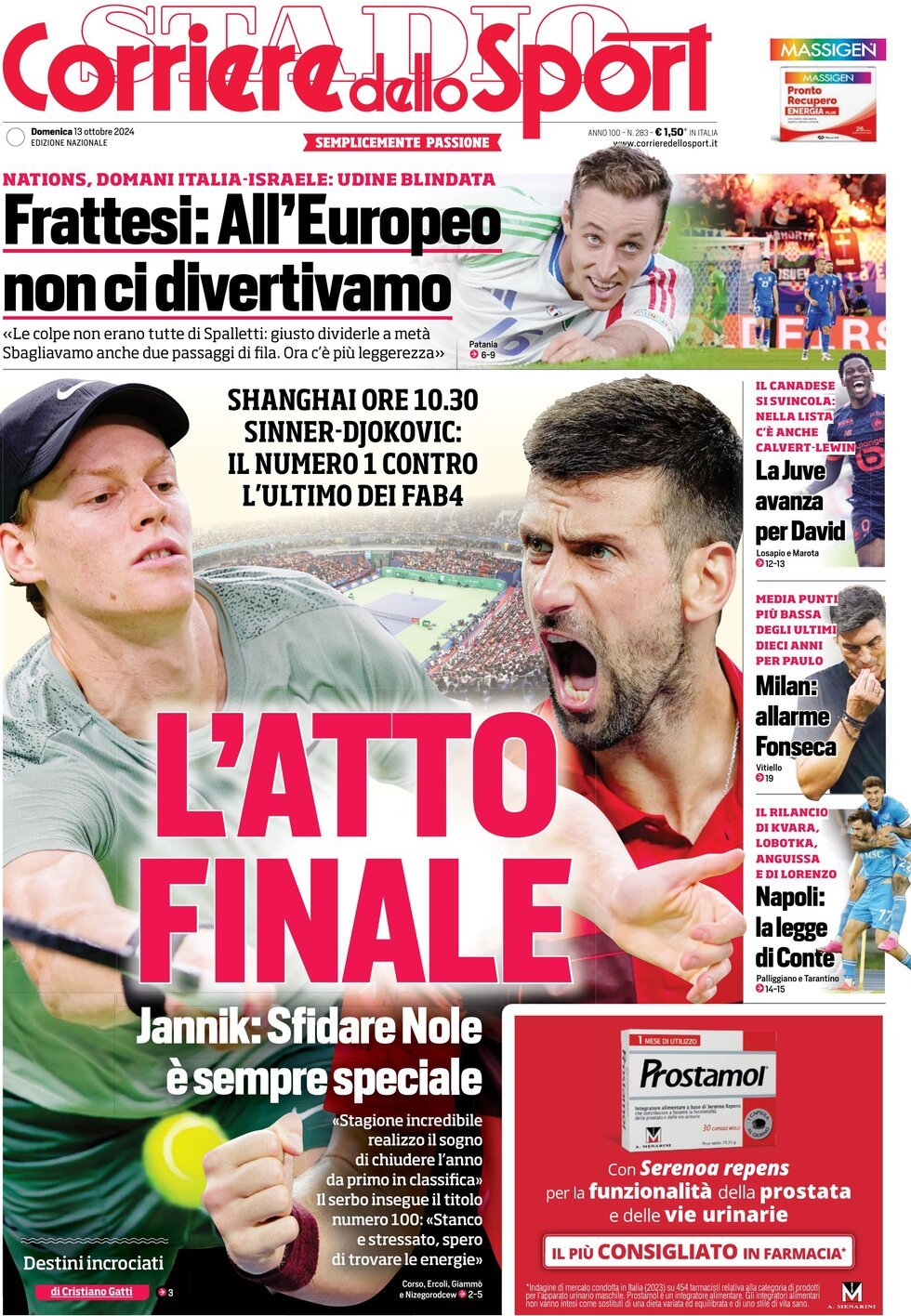 Corriere dello Sport prima pagina 
            Edizione di Oggi, Domenica 13 Ottobre 2024