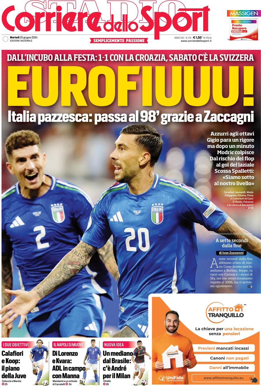 Corriere dello Sport: La Prima Pagina di Oggi, Martedì 25 Giugno 2024