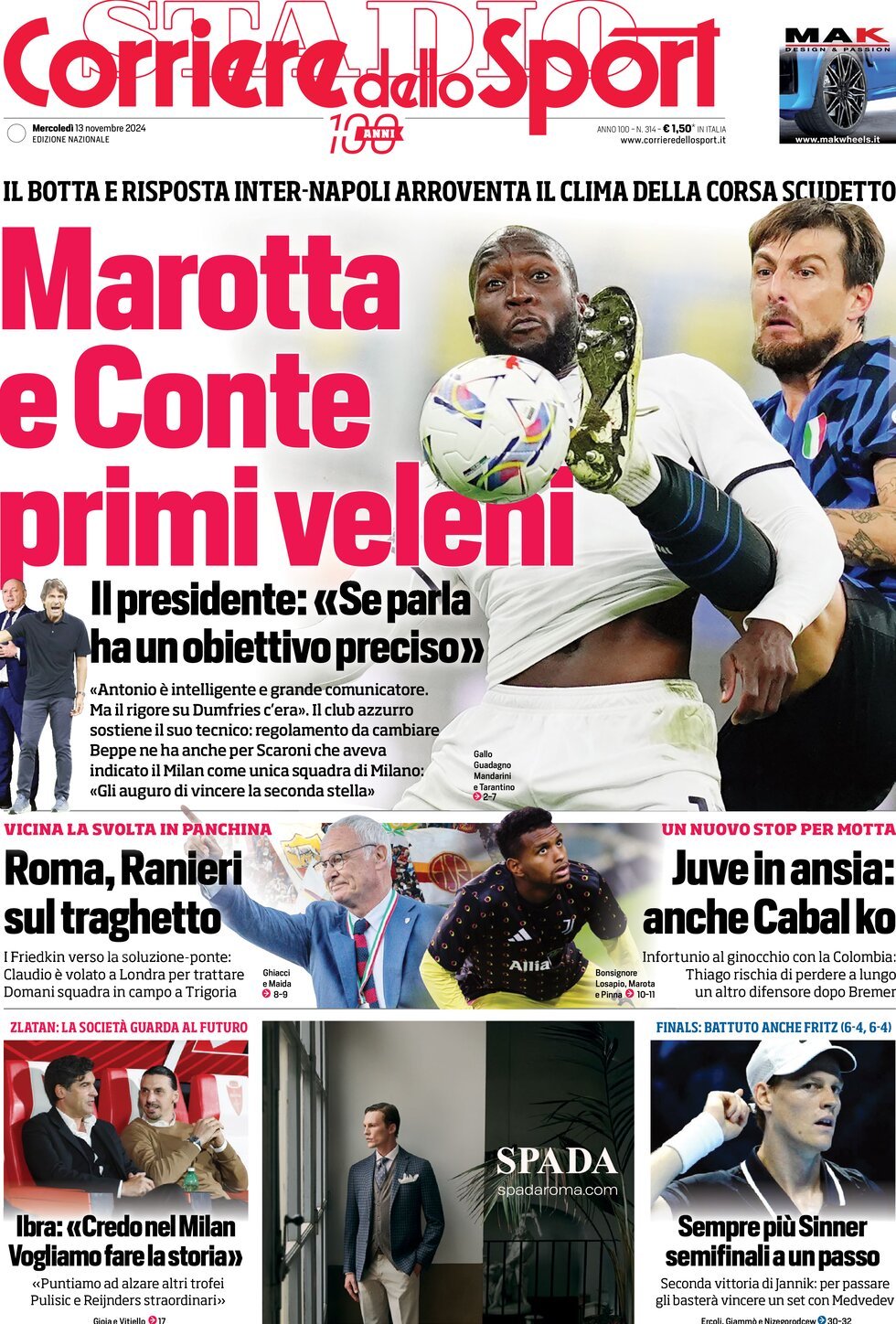 Corriere dello Sport prima pagina 
            Edizione di Oggi, Mercoledì 13 Novembre 2024