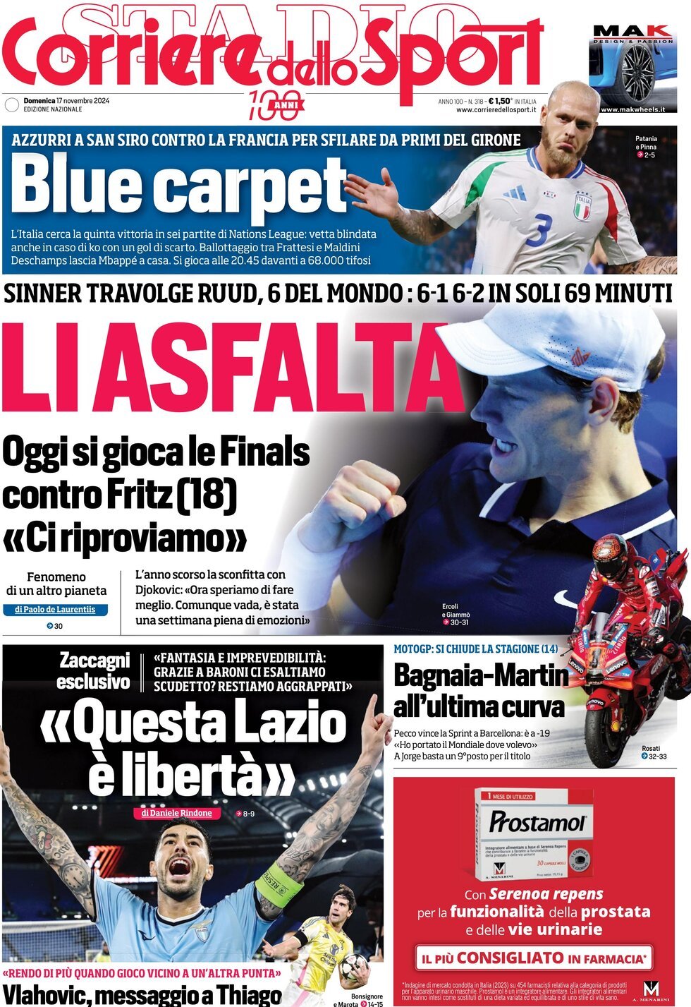 Corriere dello Sport prima pagina 
            Edizione di Oggi, Domenica 17 Novembre 2024