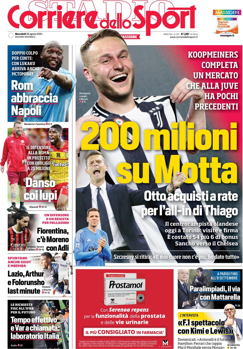 Corriere dello Sport prima pagina 
            Edizione di Oggi, Mercoledì 28 Agosto 2024