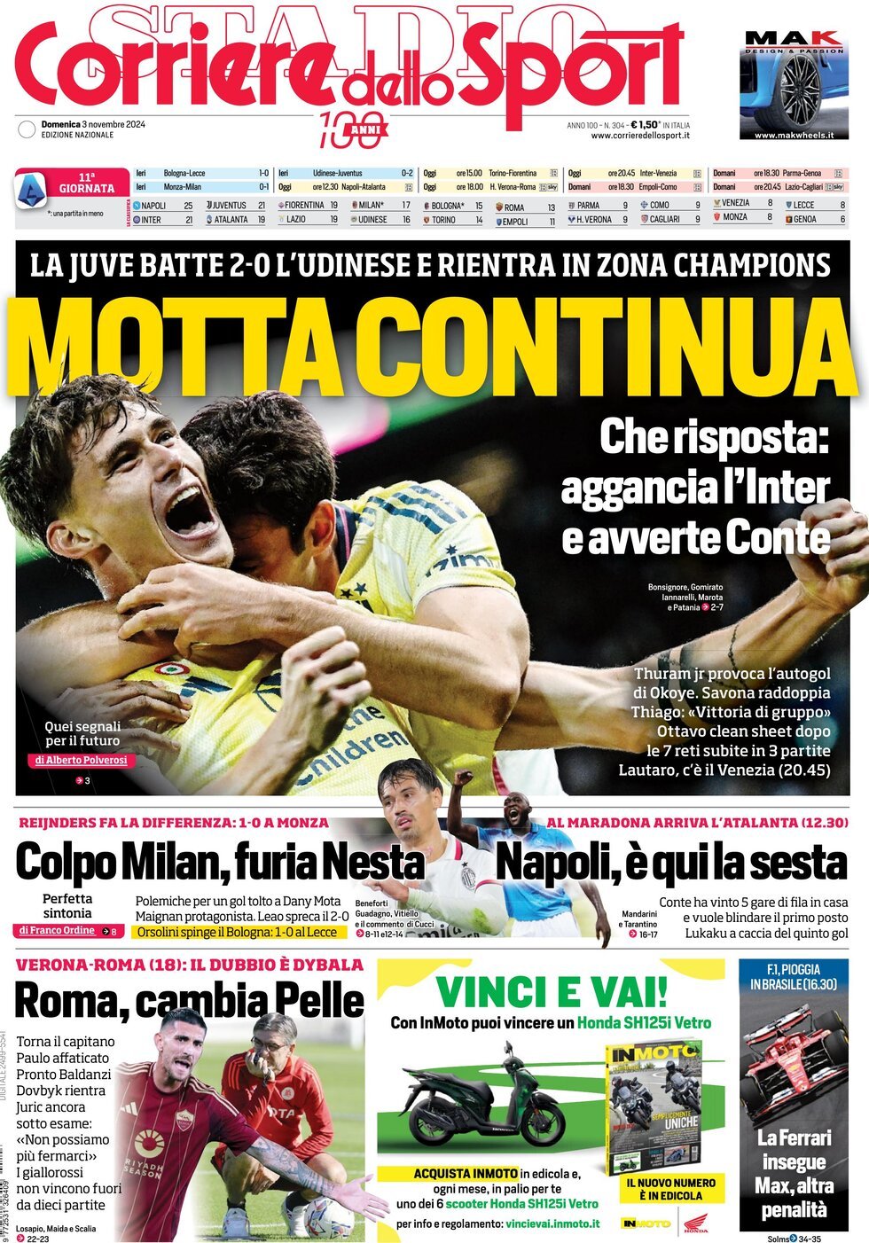 Corriere dello Sport prima pagina 
            Edizione di Oggi, Domenica 03 Novembre 2024