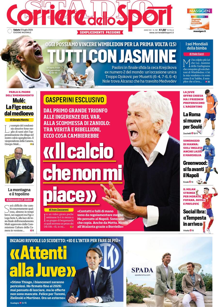 Corriere dello Sport Prima Pagina: Edizione di Oggi, Sabato 13 Luglio 2024