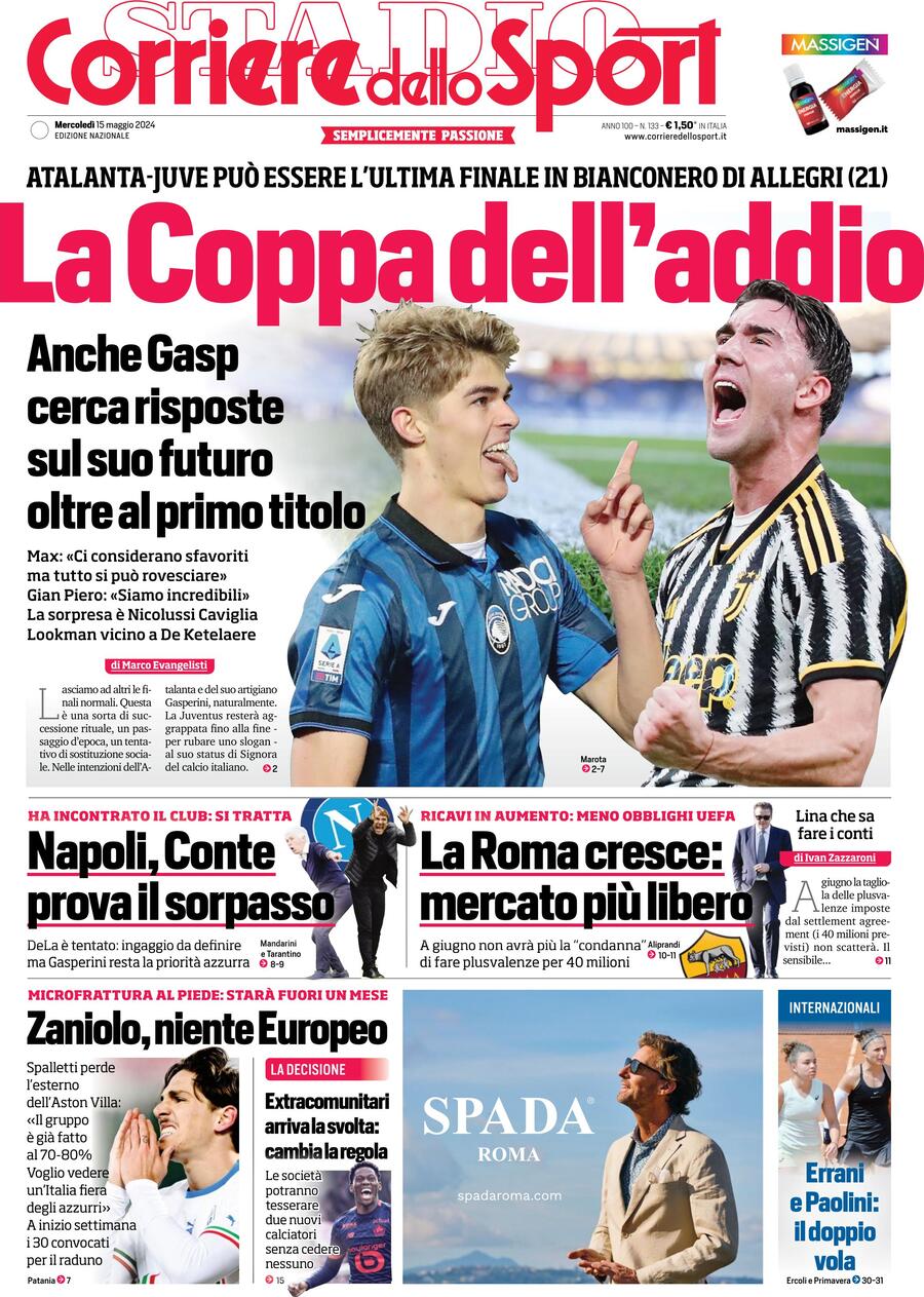 Corriere dello Sport prima pagina 
            Edizione di Oggi, Mercoledì 15 Maggio 2024