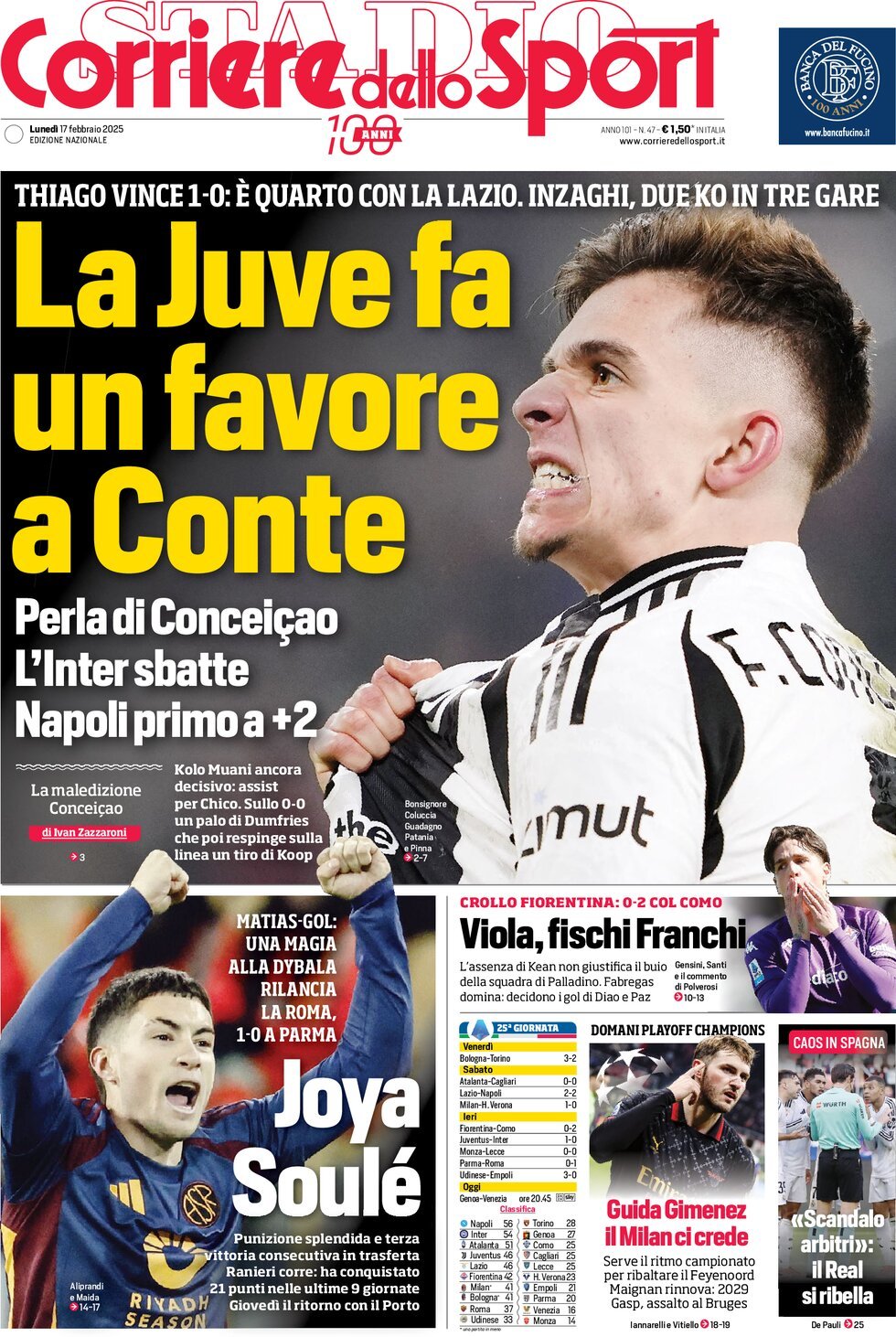 Corriere dello Sport prima pagina 
            Edizione di Oggi, Lunedì 17 Febbraio 2025