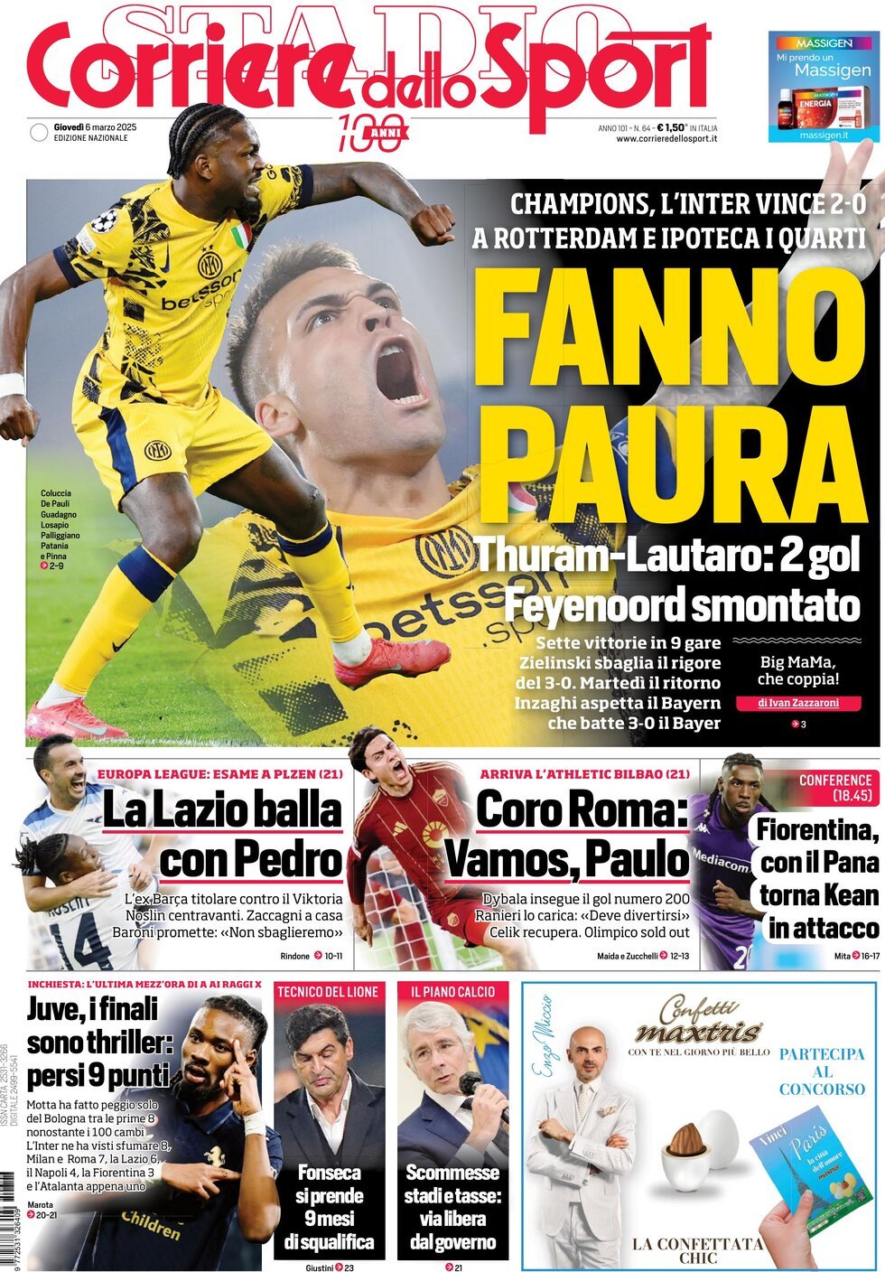 Corriere dello Sport prima pagina 
            Edizione di Oggi, Giovedì 06 Marzo 2025