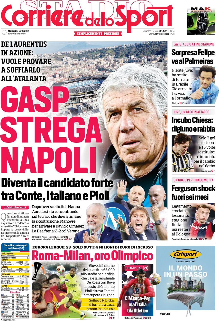 Corriere dello Sport prima pagina 
            Edizione di Oggi, Martedì 16 Aprile 2024