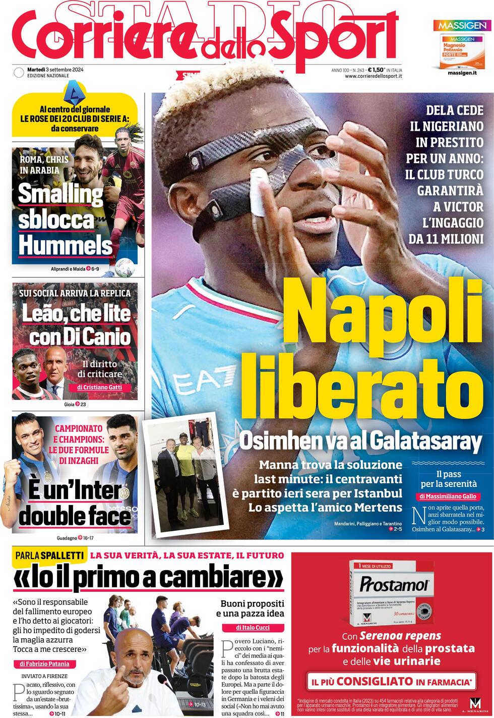 Corriere dello Sport prima pagina 
            Edizione di Oggi, Martedì 03 Settembre 2024