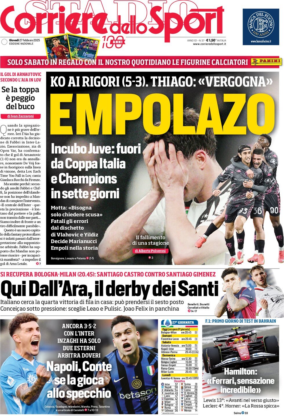 Corriere dello Sport prima pagina 
            Edizione di Oggi, Giovedì 27 Febbraio 2025