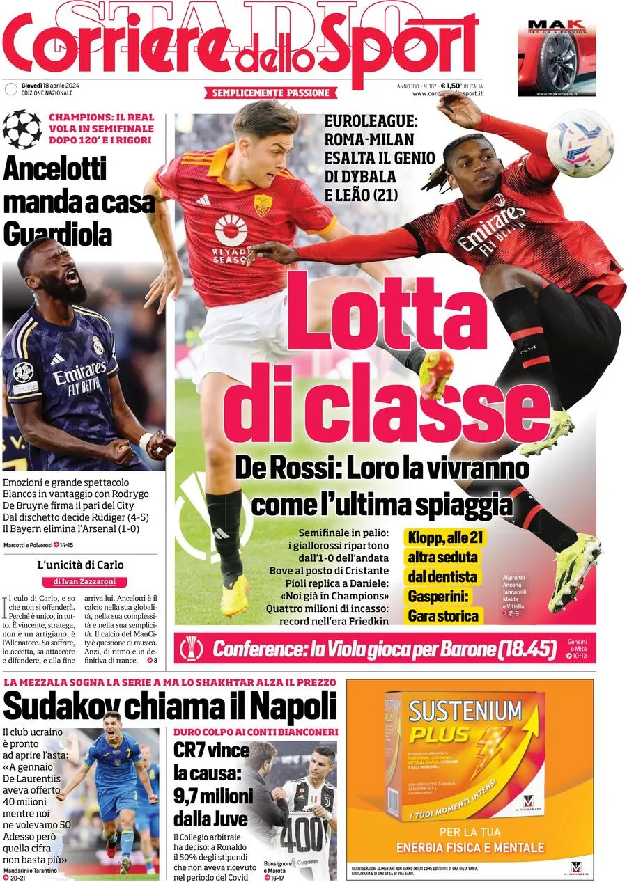 Corriere dello Sport prima pagina             Edizione di Oggi, Giovedì 18 Aprile 2024