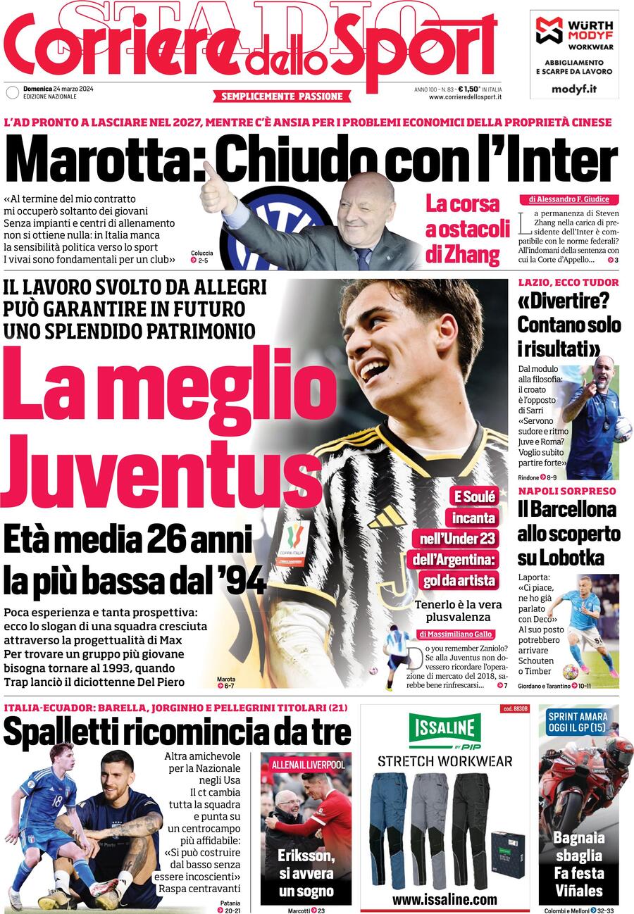 Corriere dello Sport prima pagina 
            Edizione di Oggi, Domenica 24 Marzo 2024