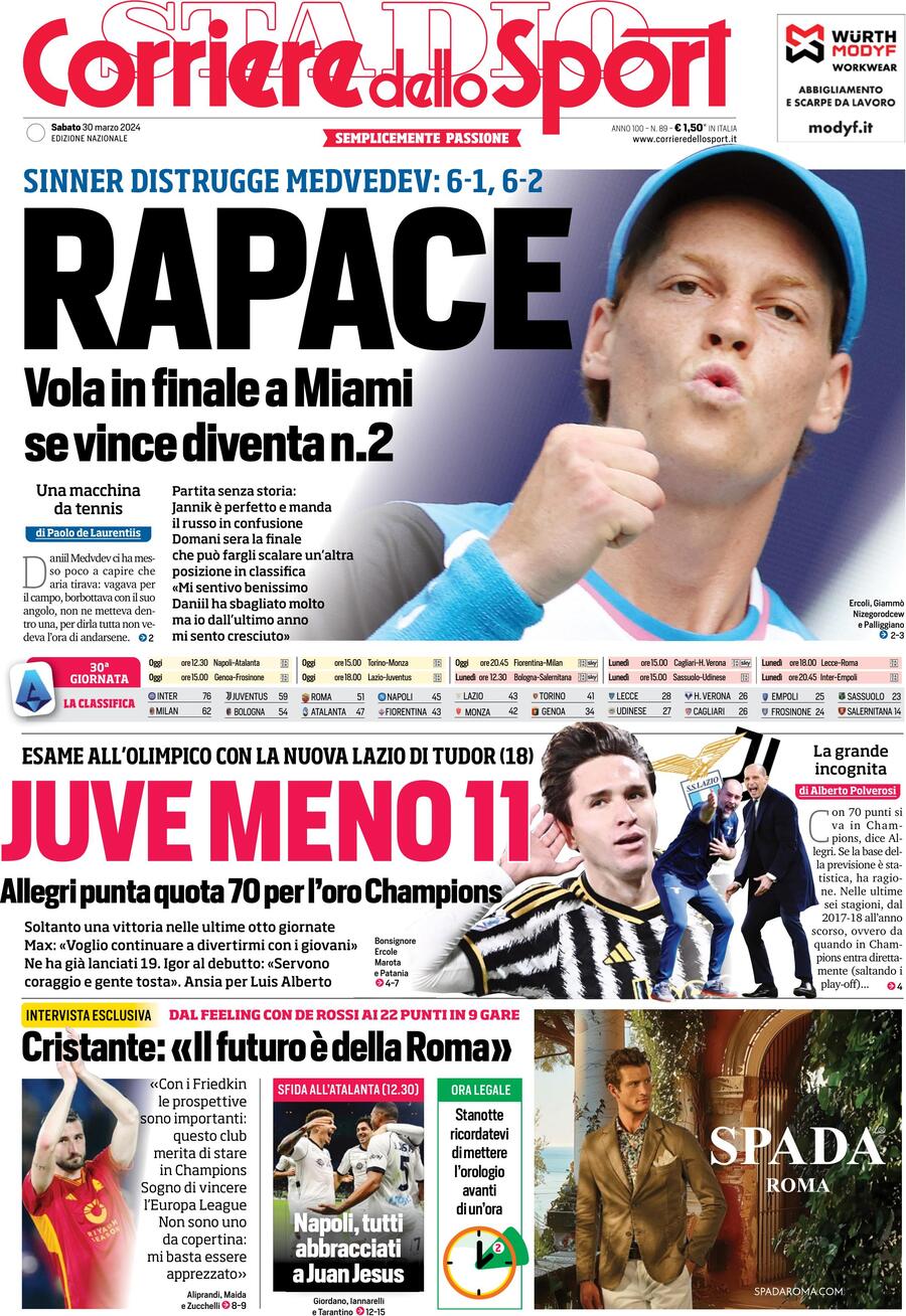 Corriere dello Sport prima pagina 
            Edizione di Oggi, Sabato 30 Marzo 2024