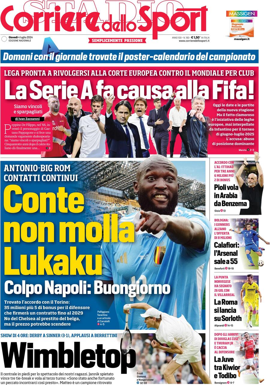 Corriere dello Sport: Prima Pagina di Oggi, Giovedì 04 Luglio 2024