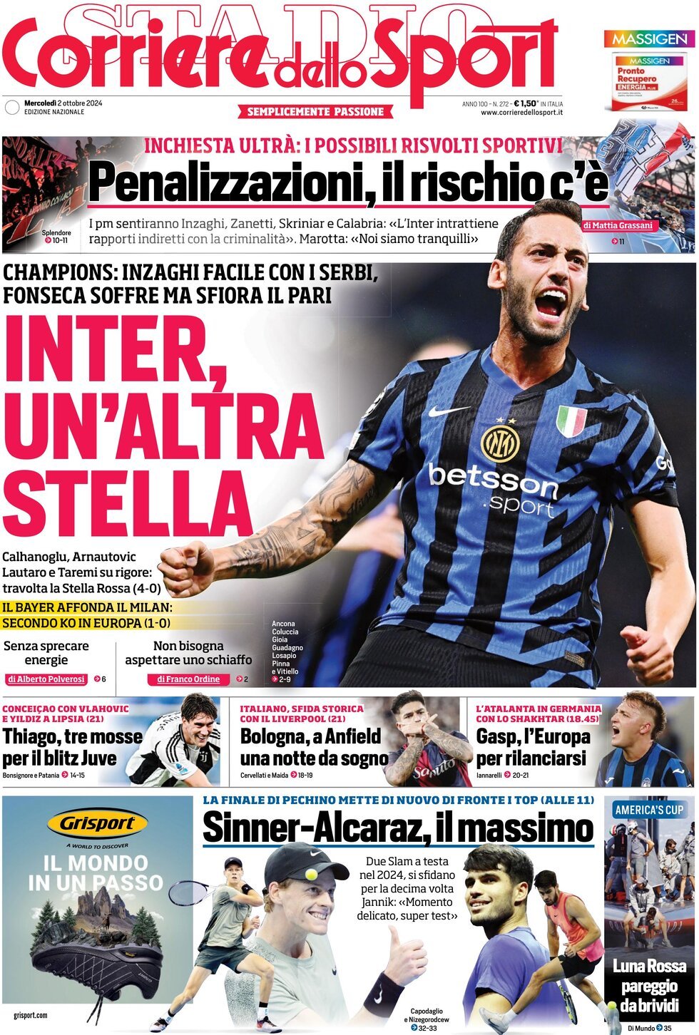 Corriere dello Sport prima pagina 
            Edizione di Oggi, Mercoledì 02 Ottobre 2024