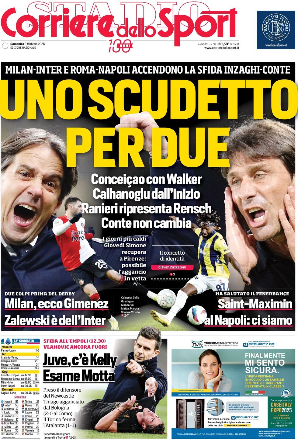 Corriere dello Sport prima pagina 
            Edizione di Oggi, Domenica 02 Febbraio 2025