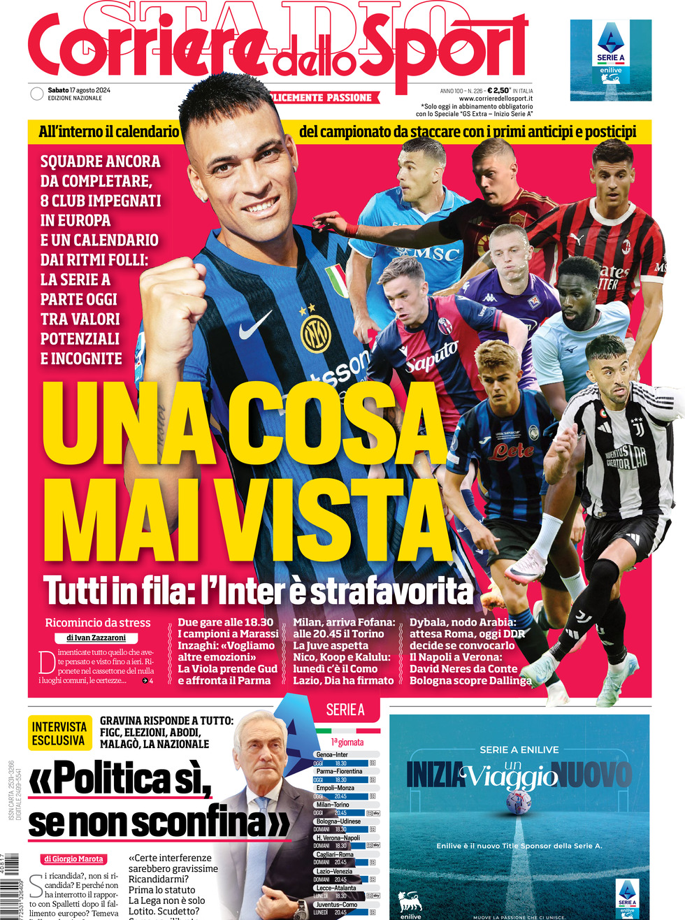 Corriere dello Sport prima pagina – Edizione di Oggi, Sabato 17 Agosto 2024