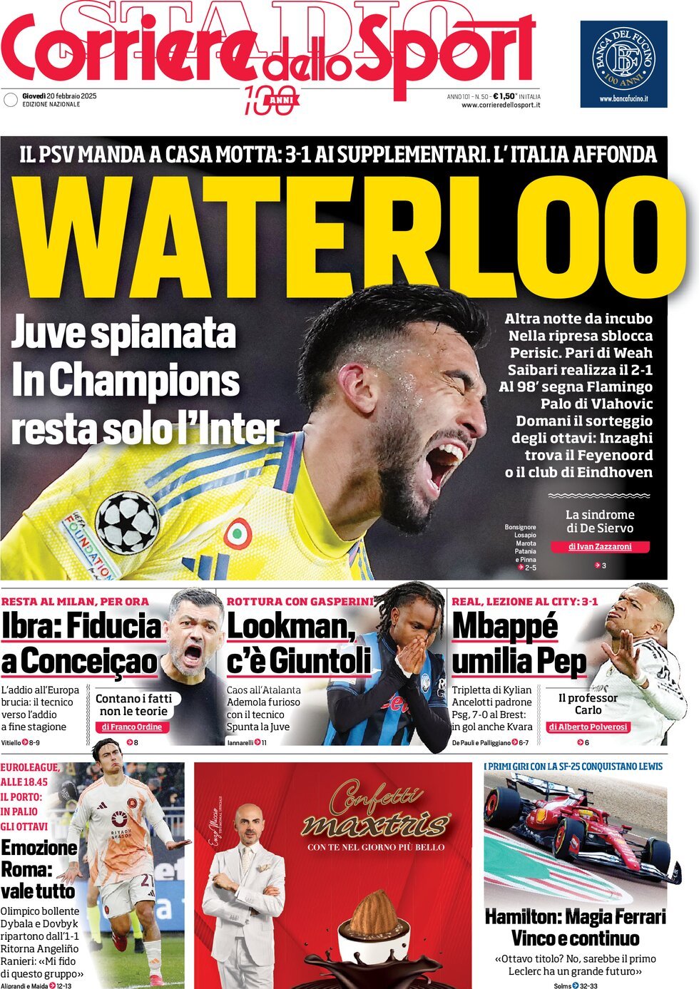 Corriere dello Sport prima pagina 
            Edizione di Oggi, Giovedì 20 Febbraio 2025