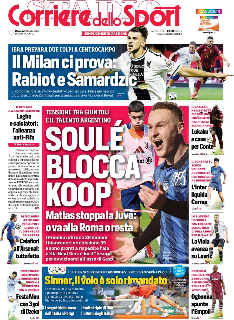 Corriere dello Sport prima pagina 
            Edizione di Oggi, Mercoledì 24 Luglio 2024