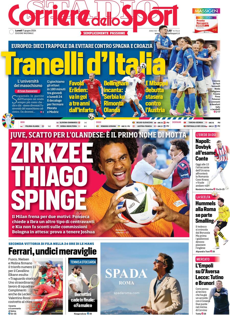 Corriere dello Sport prima pagina – Edizione di Oggi, Lunedì 17 Giugno 2024