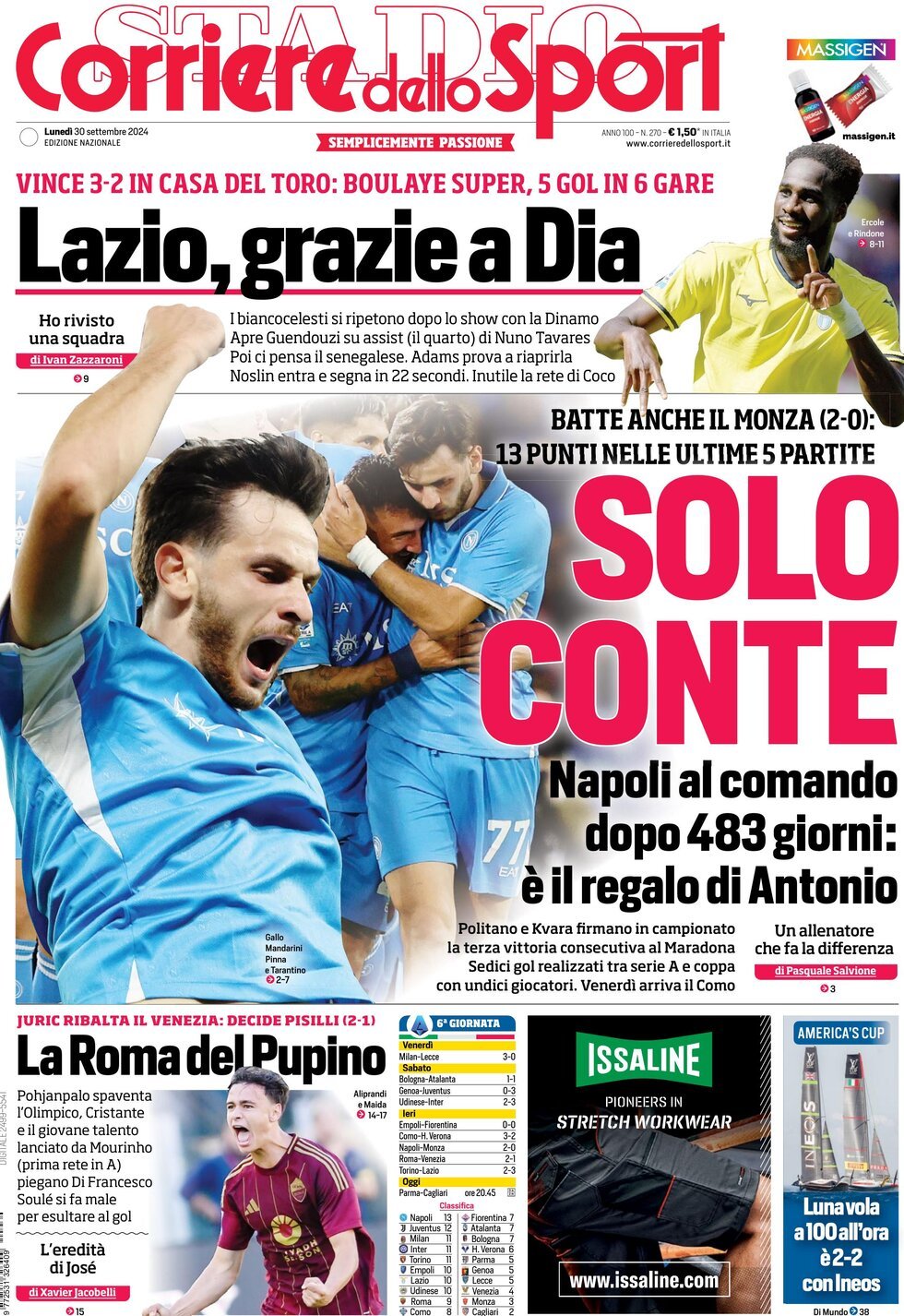 Corriere dello Sport prima pagina 
            Edizione di Oggi, Lunedì 30 Settembre 2024