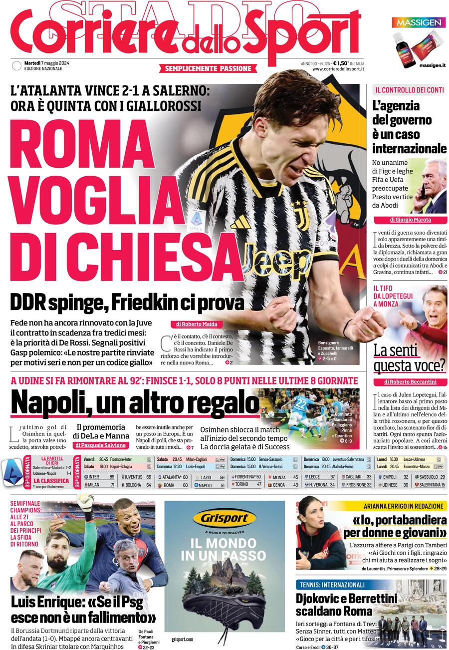 Corriere dello Sport prima pagina 
            Edizione di Oggi, Martedì 07 Maggio 2024