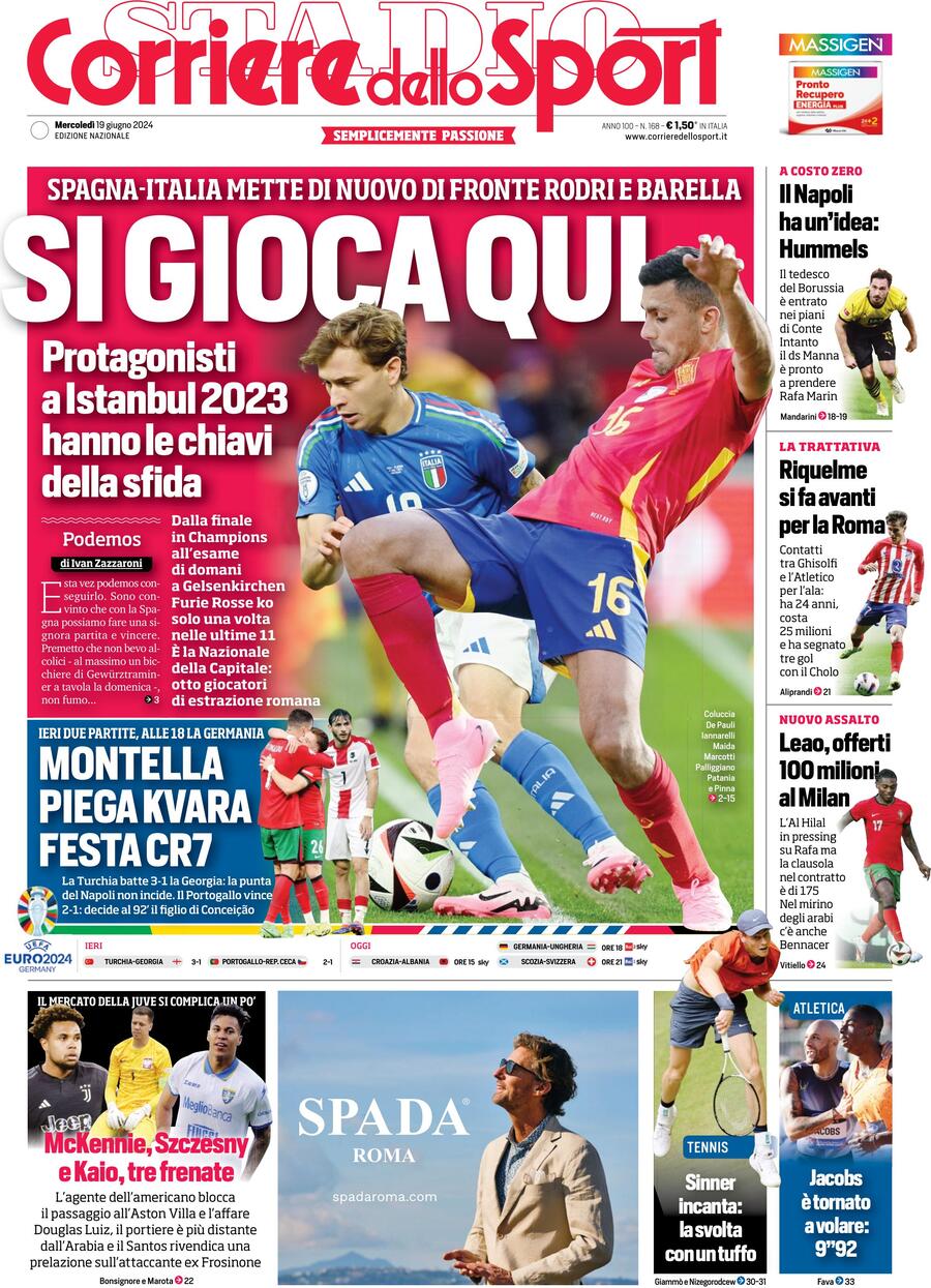 Corriere dello Sport: Prima Pagina dell’Edizione di Oggi, Mercoledì 19 Giugno 2024