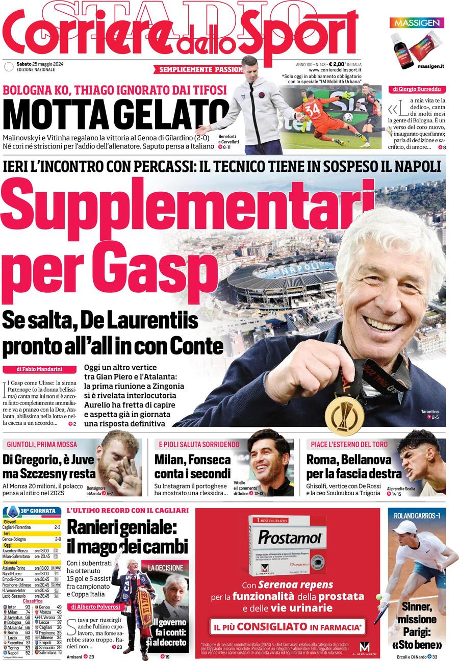 Corriere dello Sport prima pagina 
            Edizione di Oggi, Sabato 25 Maggio 2024