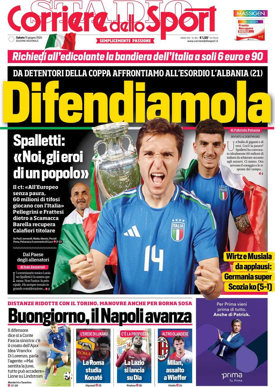 Corriere dello Sport Prima Pagina di Oggi: Sabato 15 Giugno 2024