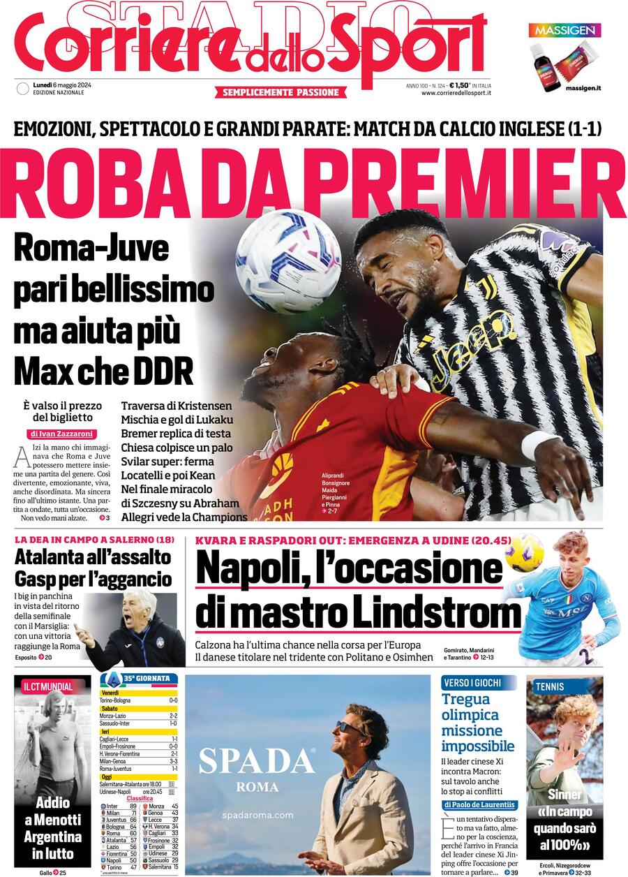 Corriere dello Sport prima pagina 
            Edizione di Oggi, Lunedì 06 Maggio 2024