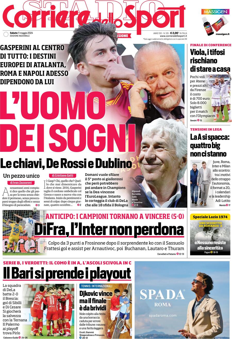 Corriere dello Sport prima pagina 
            Edizione di Oggi, Sabato 11 Maggio 2024