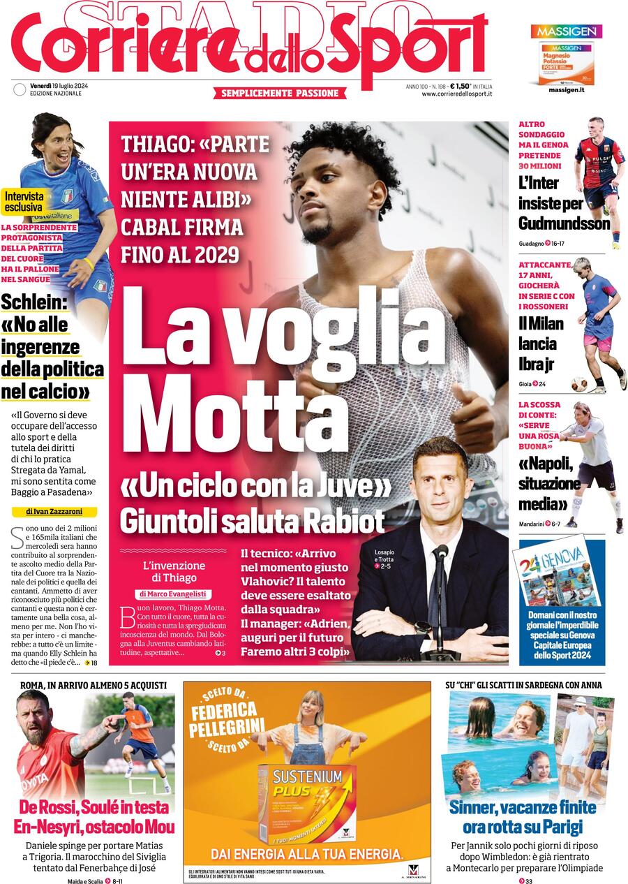 Corriere dello Sport prima pagina 
            Edizione di Oggi, Venerdì 19 Luglio 2024