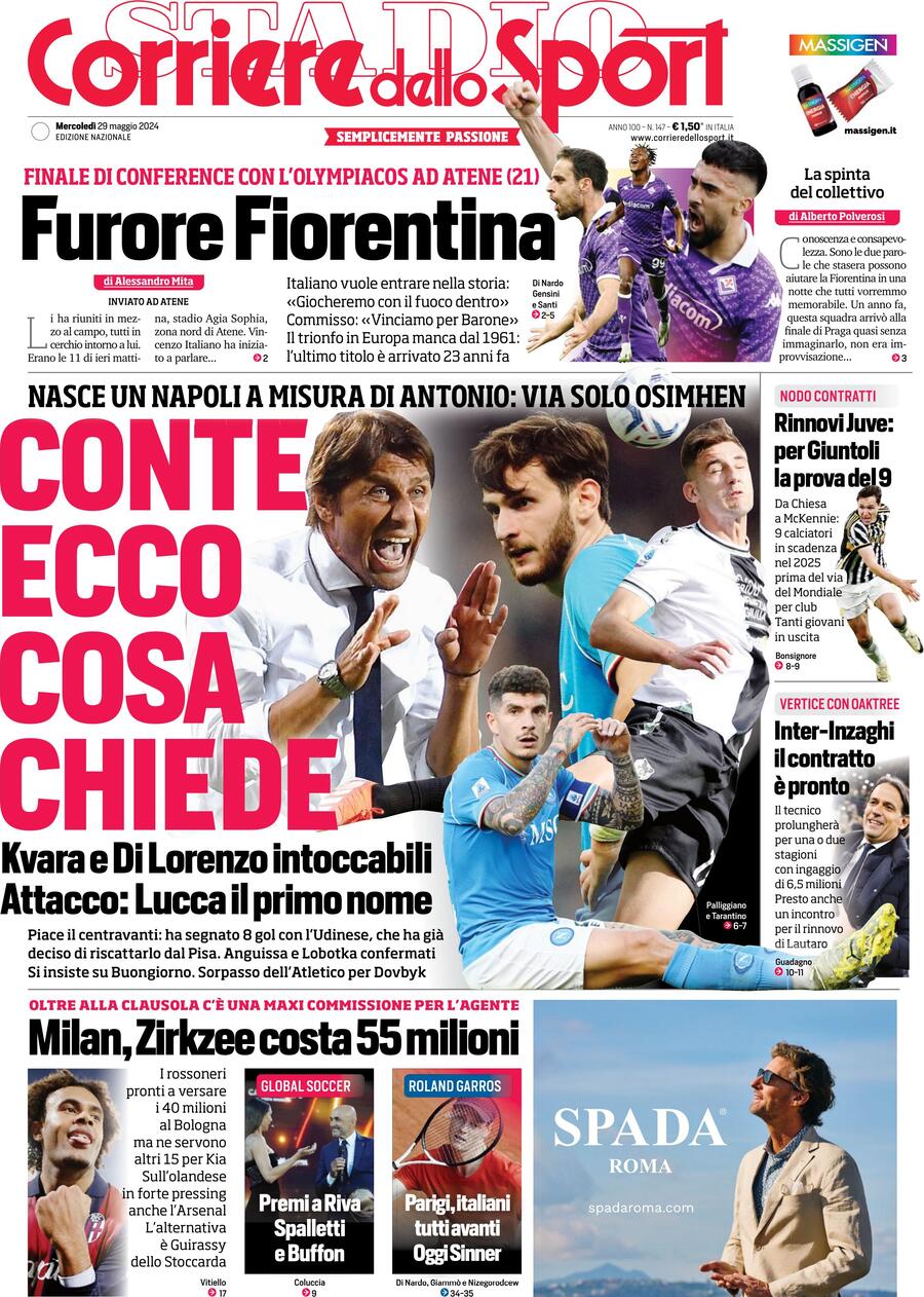 Corriere dello Sport prima pagina 
            Edizione di Oggi, Mercoledì 29 Maggio 2024