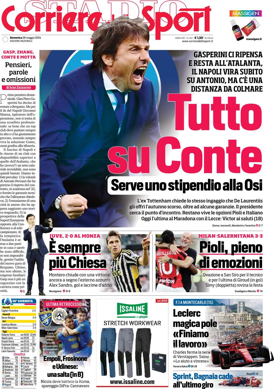 Corriere dello Sport prima pagina 
            Edizione di Oggi, Domenica 26 Maggio 2024