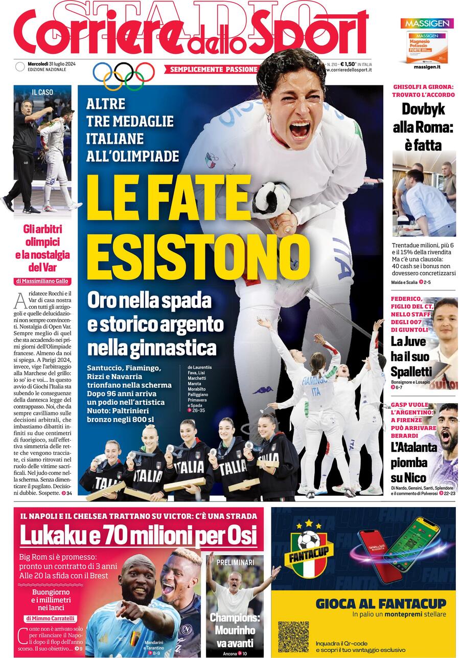 Corriere dello Sport prima pagina: Edizione di Oggi, Mercoledì 31 Luglio 2024