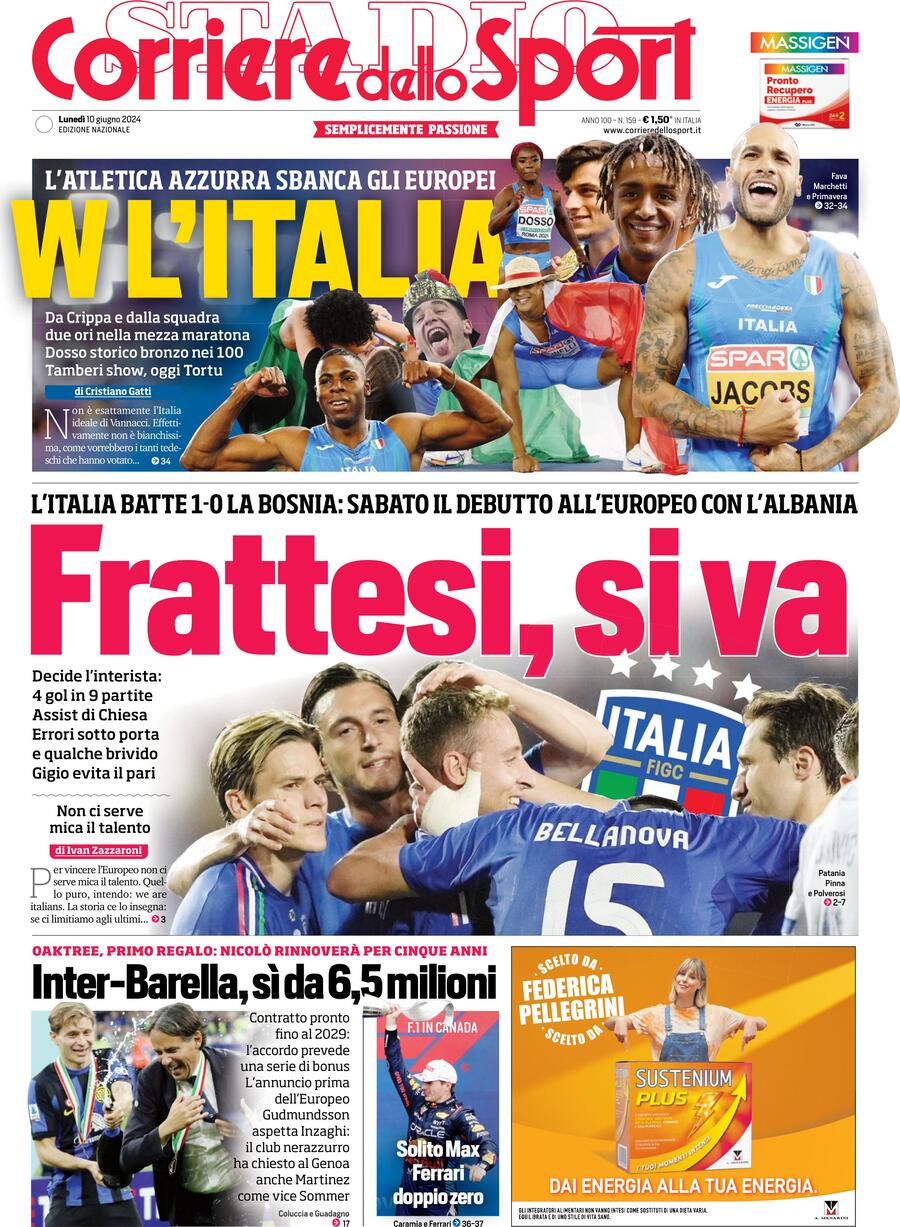 Corriere dello Sport prima pagina 
            Edizione di Oggi, Lunedì 10 Giugno 2024