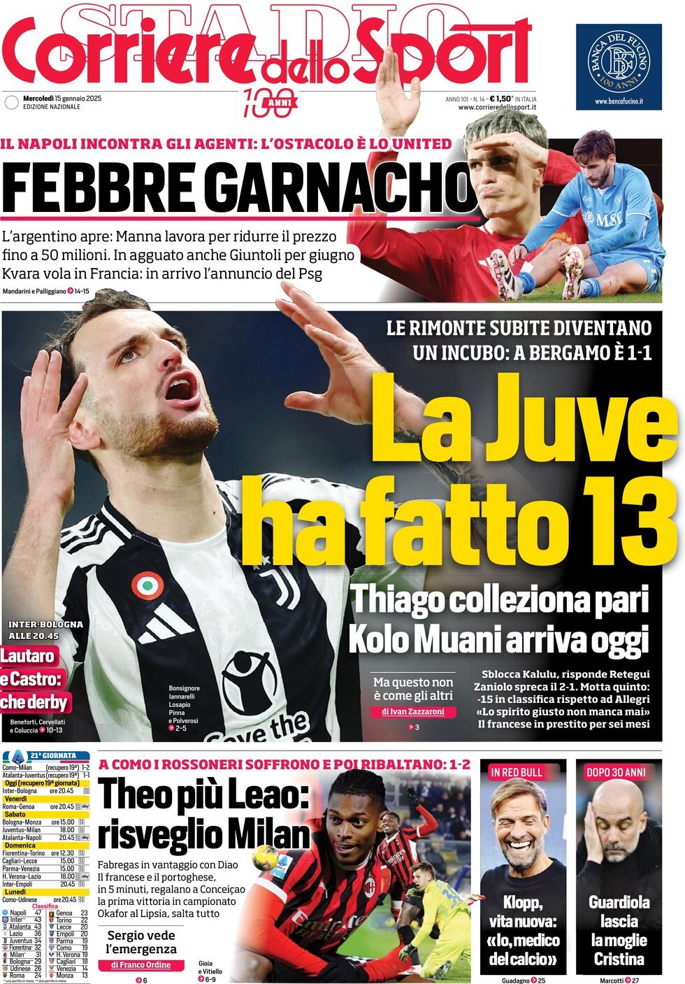 Corriere dello Sport prima pagina 
            Edizione di Oggi, Mercoledì 15 Gennaio 2025