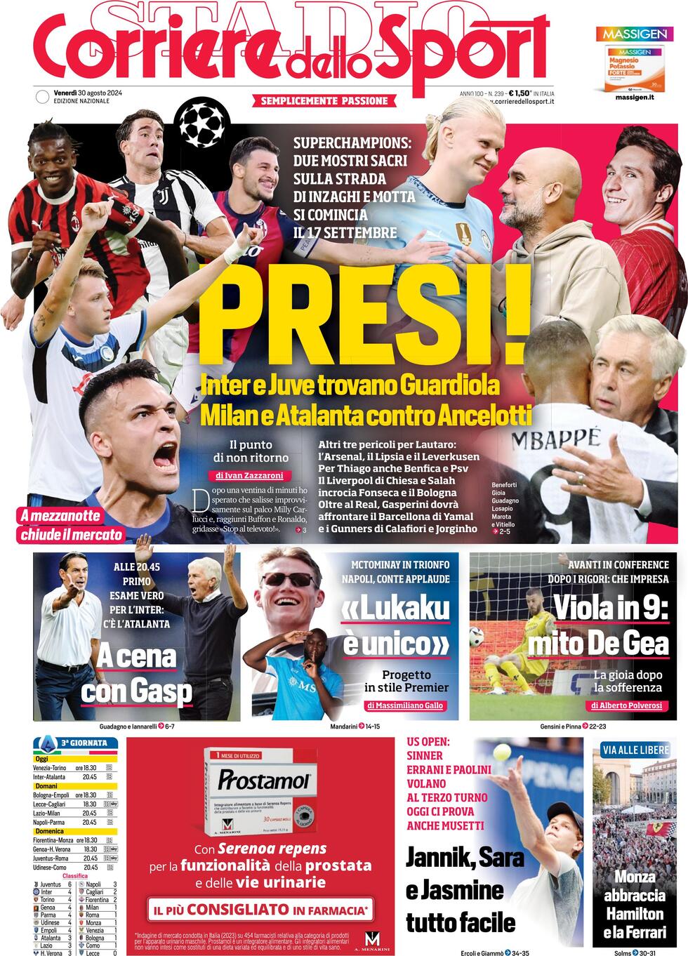 Corriere dello Sport Prima Pagina: Edizione di Oggi, Venerdì 30 Agosto 2024