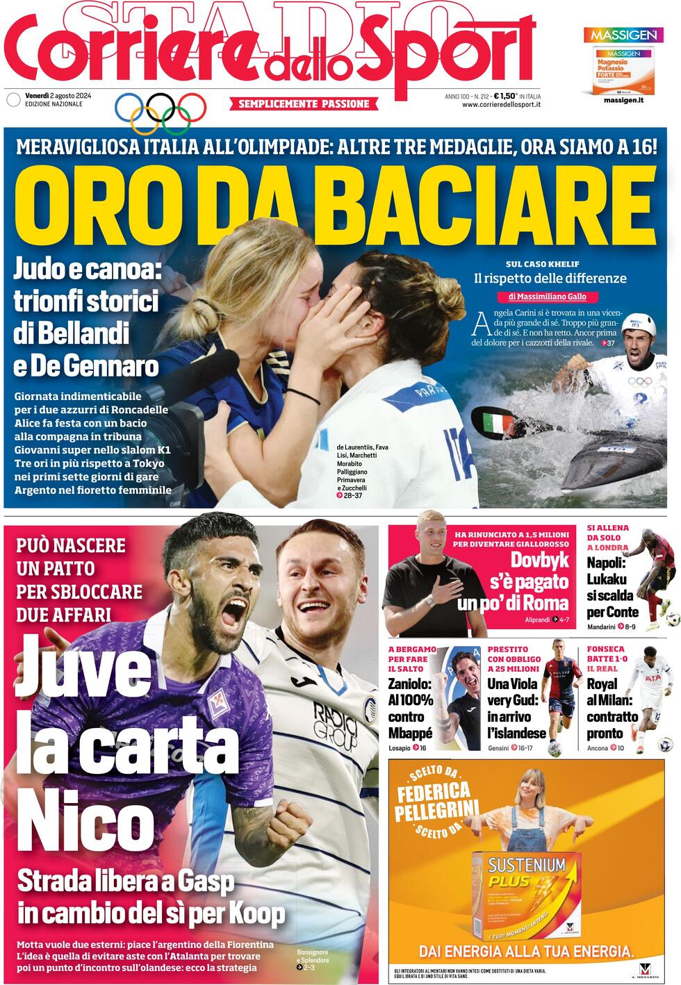 Corriere dello Sport: Prima Pagina di Oggi, Venerdì 02 Agosto 2024