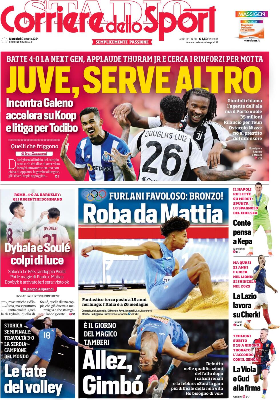 Corriere dello Sport Prima Pagina: Edizione di Oggi, Mercoledì 07 Agosto 2024