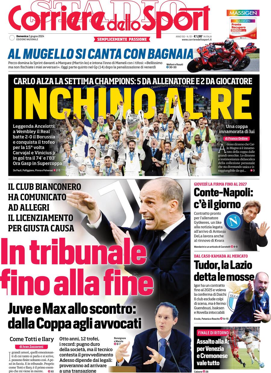 Corriere dello Sport prima pagina 
            Edizione di Oggi, Domenica 02 Giugno 2024