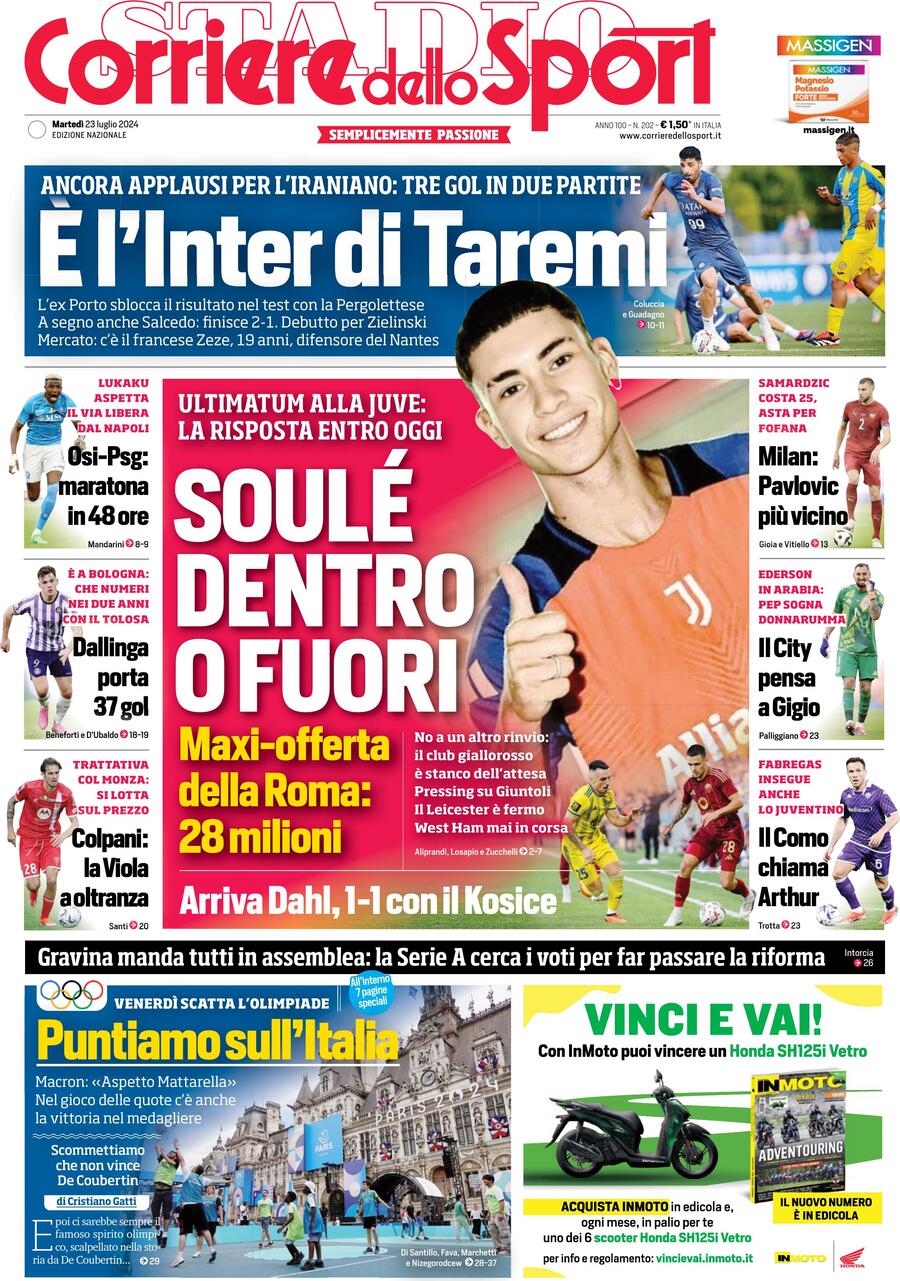 La Prima Pagina del Corriere dello Sport: Martedì 23 Luglio 2024